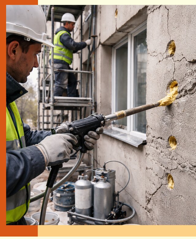 Заполнение пустот в фасаде и утепление стен в Дмитрове