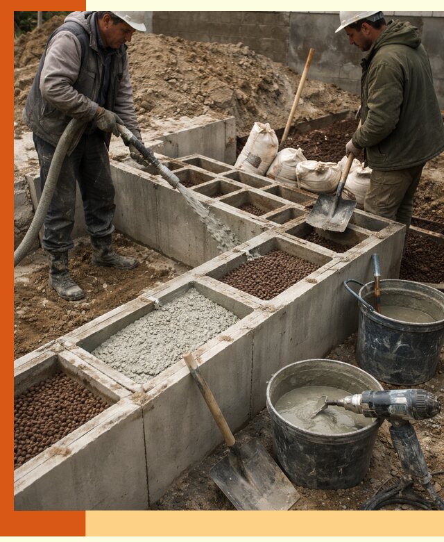 Заполнение полостей фундамента в Дмитрове герметичным утеплением и повышением прочности